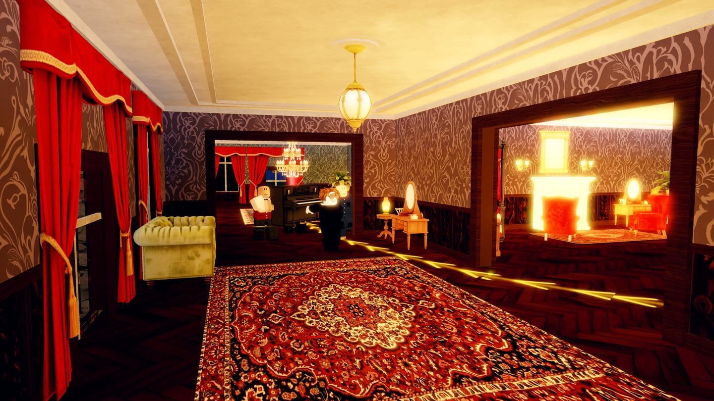 The crew carrying the black upright piano across the Parlour's red carpet, the route glowing on the floor.