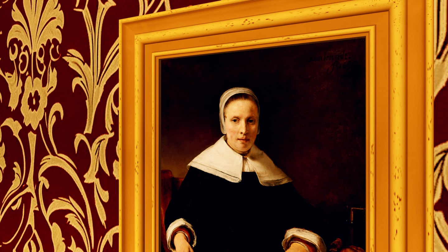 A portrait in a gilt frame, its eyes turning to look straight out and taking a faint green.
