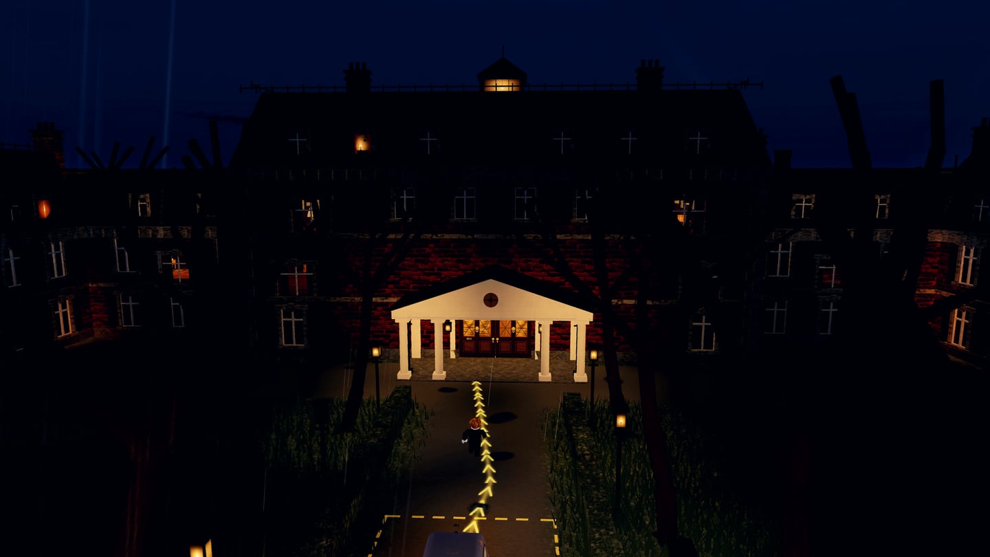 The crew's planned route glowing in amber up the dark drive to the manor's porch.