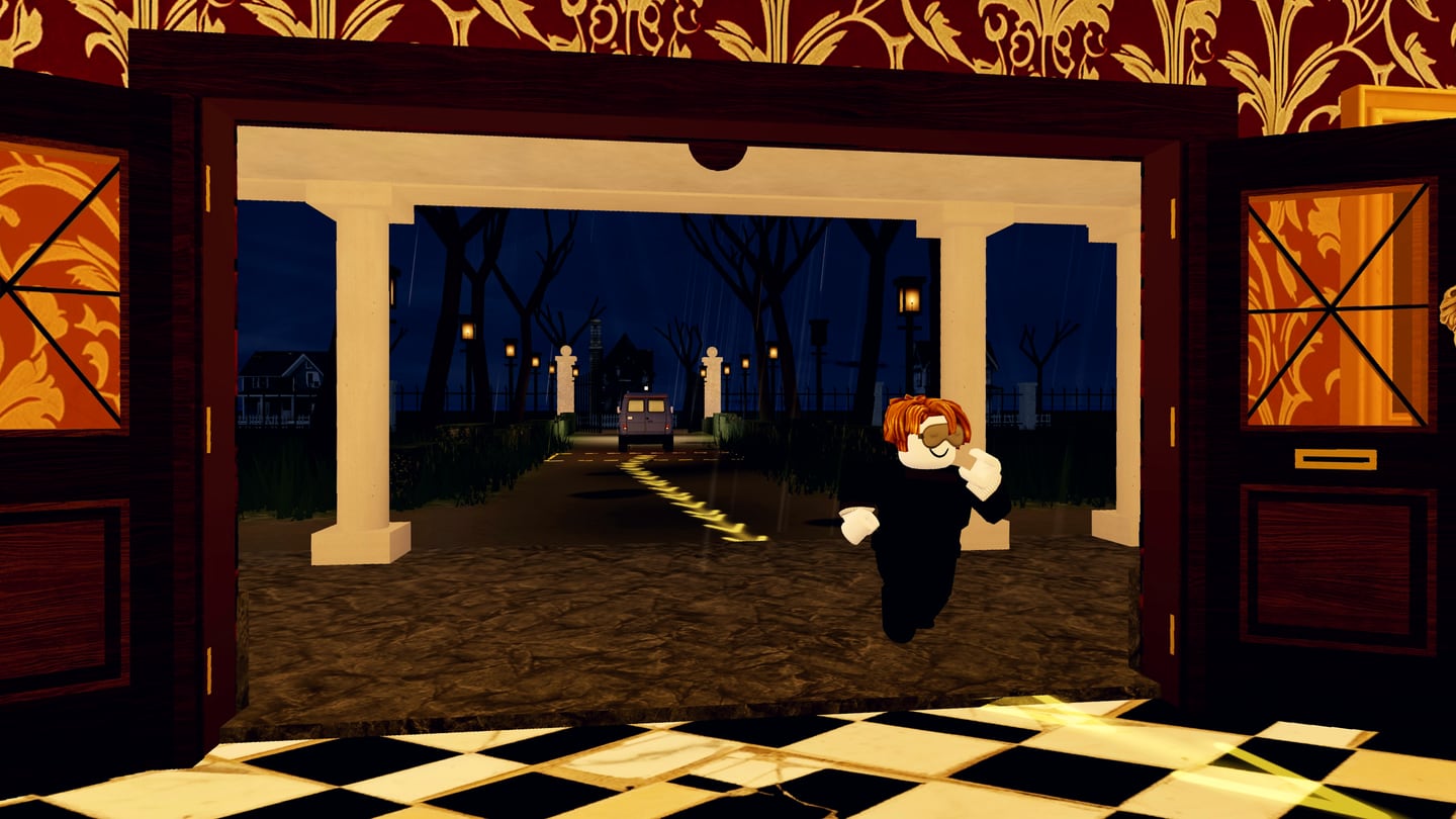 The manor's front doors standing open on a rainy night, a burglar running in off the drive, the van waiting at the gate at the end of the glowing route.