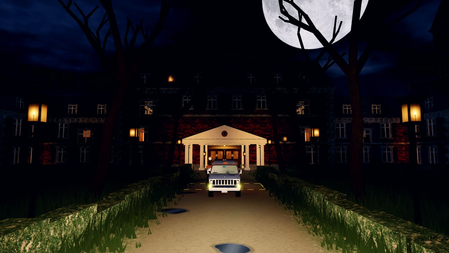Grudgewick at night, seen from the gravel drive: a dark red-brick Victorian manor with a white pillared porch, gas lamps either side, bare trees and a full moon, the crew's van parked at the door.