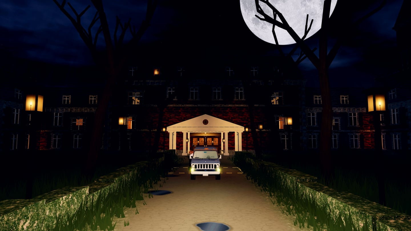 Grudgewick at night, seen from the gravel drive: a dark red-brick Victorian manor with a white pillared porch, gas lamps either side, bare trees and a full moon, the crew's van parked at the door.