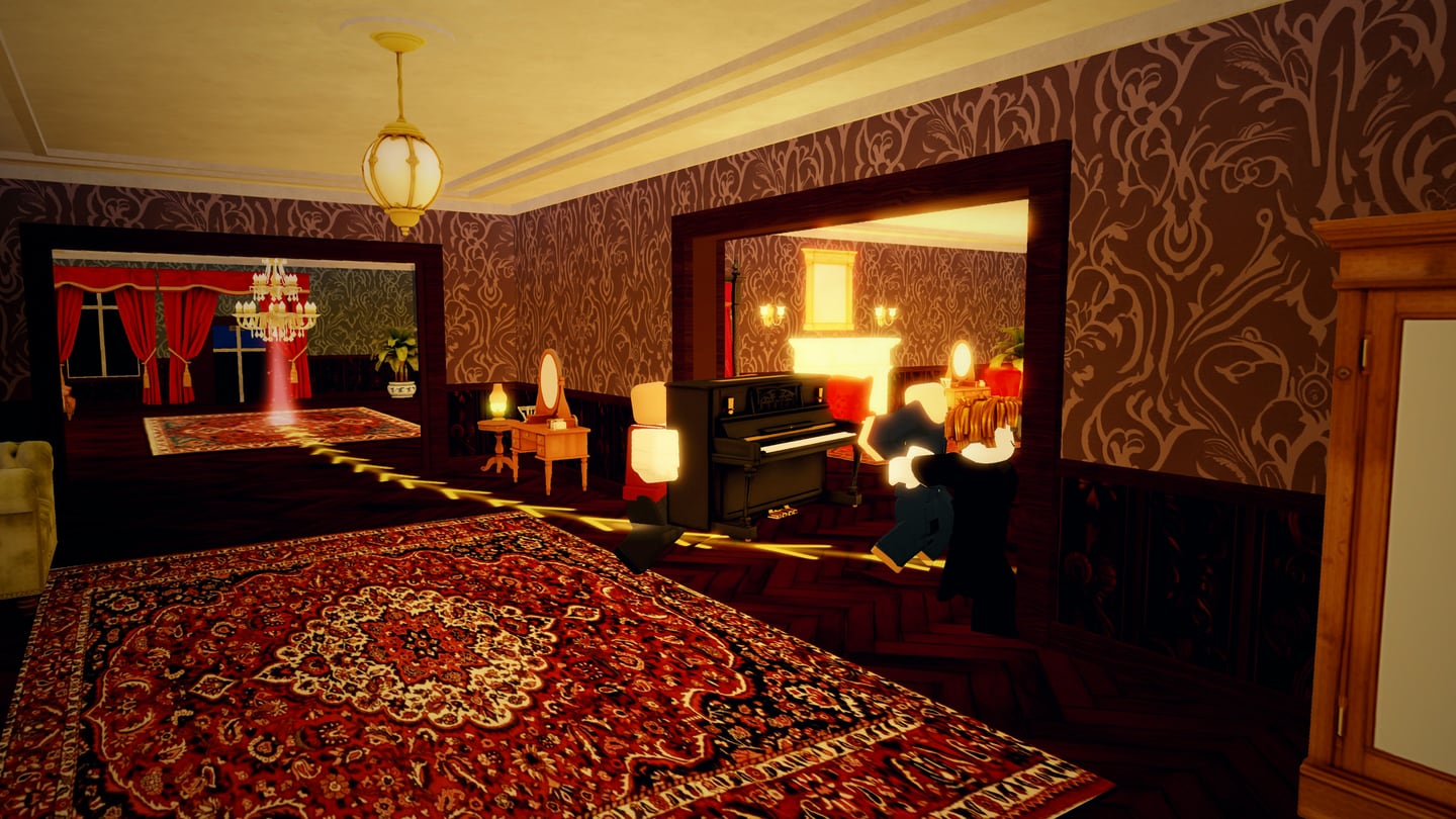 The crew carrying the black upright piano through a lamp-lit room, the route glowing along the floor into the next room.