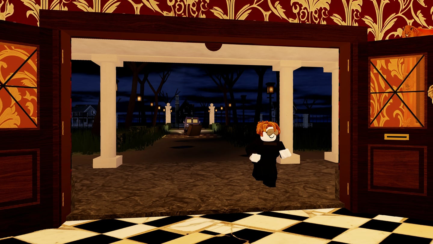 The manor's front doors open onto the night, a burglar running in across the black and white marble.
