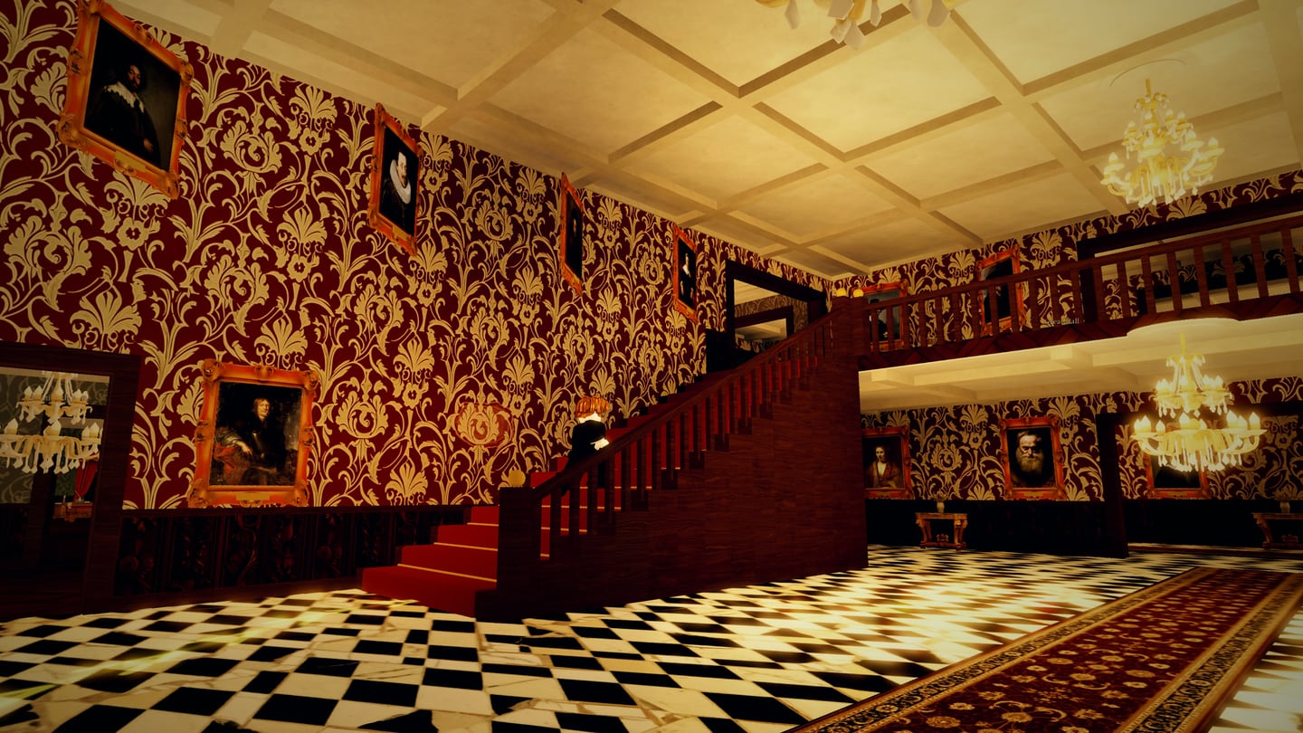 The Great Hall's red-carpeted grand stairs under crystal chandeliers, portraits on the walls.