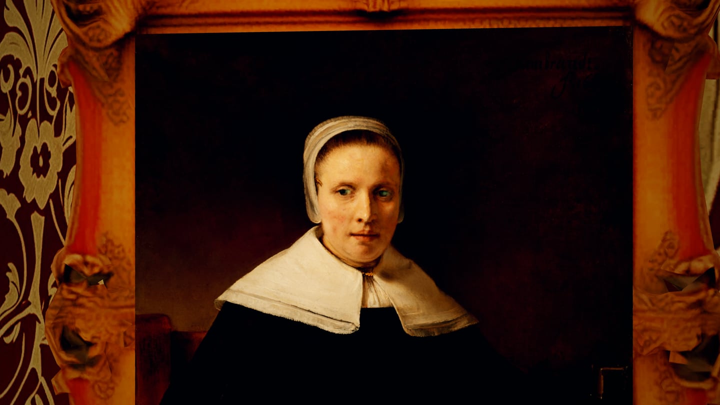 One of Grudgewick's portraits in its gilt frame, filmed in the game: a woman in a white cap and collar, her eyes turning faintly green.