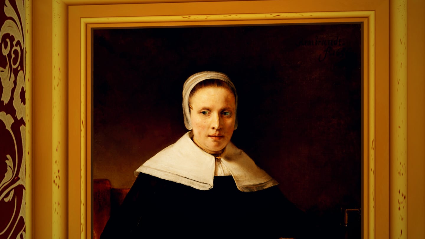 One of Grudgewick's portraits in its gilt frame, filmed in the game: a woman in a white cap and collar, her eyes turning faintly green.
