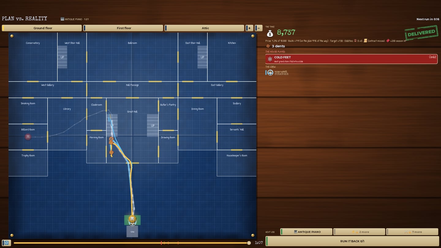 The recap screen: the plan drawn on the blueprint in white, the crew's real paths in colour, stamped DELIVERED, with the take and the dents counted.