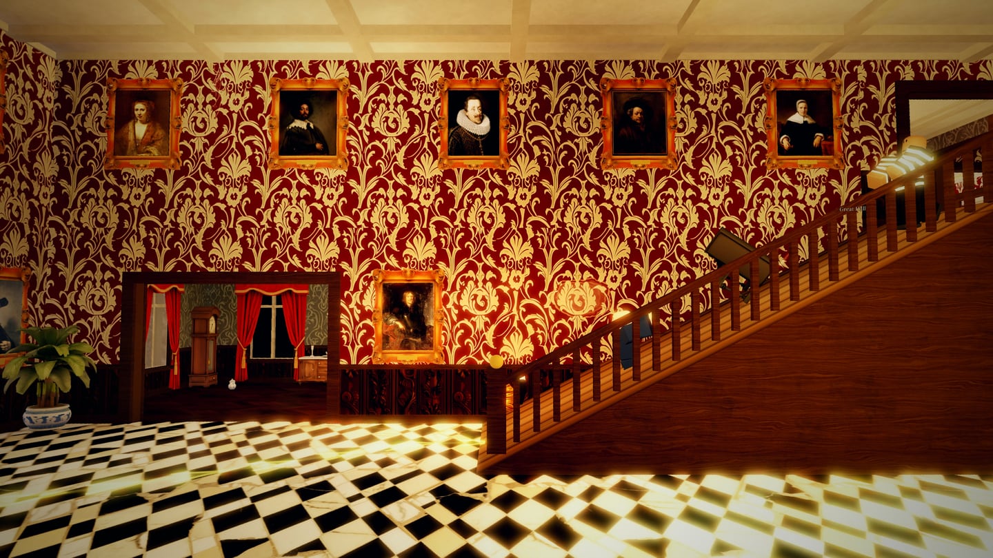 Cold Feet: the Great Hall's grand stairs folded into a slide, portraits watching from the red damask walls.