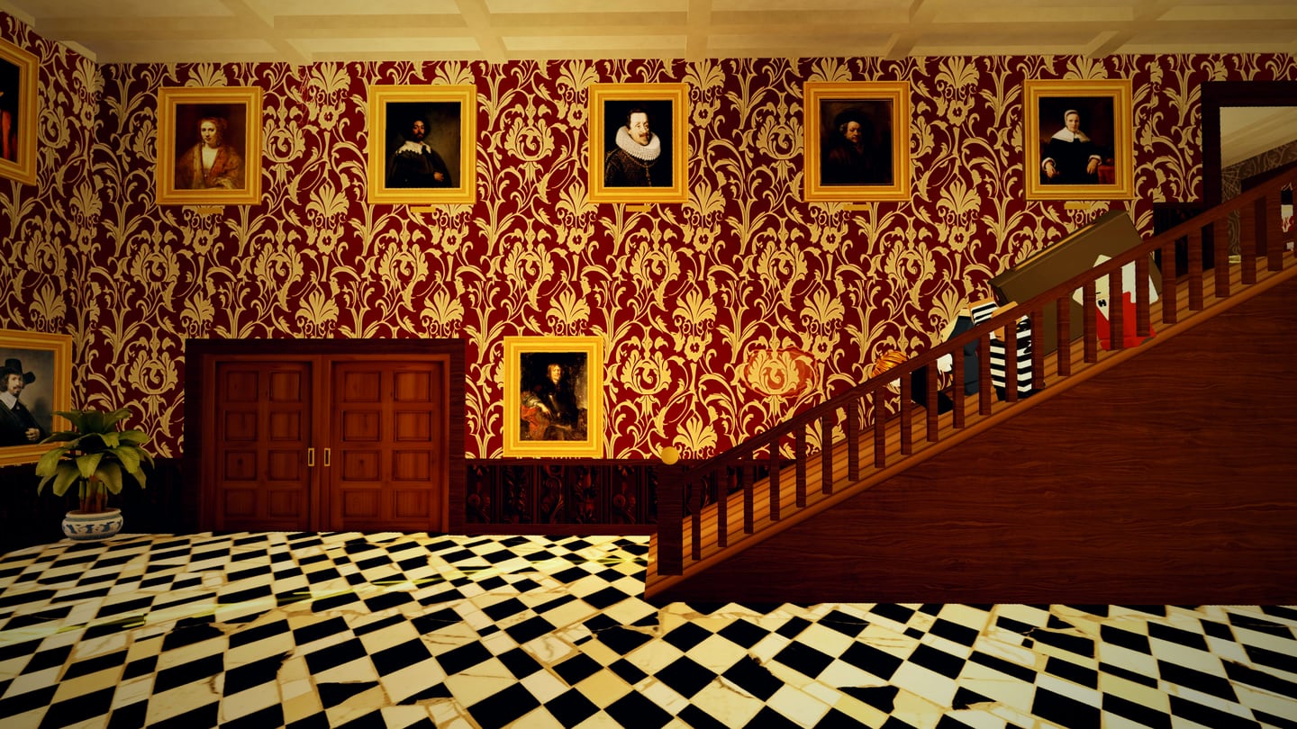 The Great Hall's grand staircase folded flat into a slide, the crew and the piano going down it, portraits watching from the red damask walls.